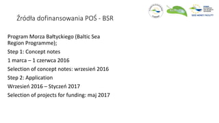 Źródła dofinansowania POŚ - BSR
Program Morza Bałtyckiego (Baltic Sea
Region Programme);
Step 1: Concept notes
1 marca – 1 czerwca 2016
Selection of concept notes: wrzesień 2016
Step 2: Application
Wrzesień 2016 – Styczeń 2017
Selection of projects for funding: maj 2017
 
