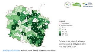 http://arcg.is/1Kb3XXm : aplikacja online dla woj. kujawsko-pomorskiego
Sytuacja wodno-ściekowa:
oczyszczalnie przydomowe
– dane GUS 2014
 