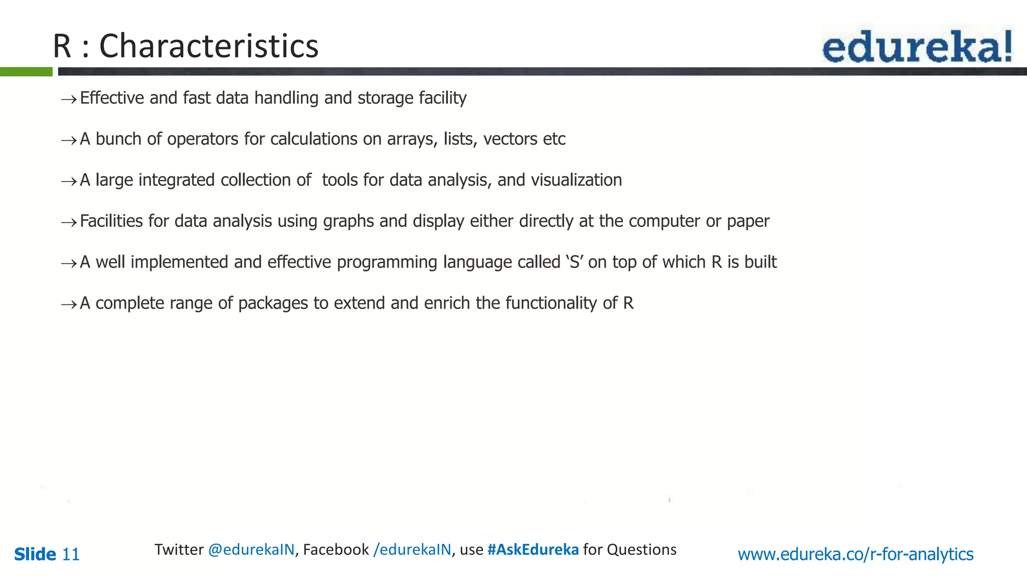Slide 11Slide 11 www.edureka.co/r-for-analyticsTwitter @edurekaIN, Facebook /edurekaIN, use #AskEdureka for Questions
R : Characteristics
Effective and fast data handling and storage facility
A bunch of operators for calculations on arrays, lists, vectors etc
A large integrated collection of tools for data analysis, and visualization
Facilities for data analysis using graphs and display either directly at the computer or paper
A well implemented and effective programming language called ‘S’ on top of which R is built
A complete range of packages to extend and enrich the functionality of R
 