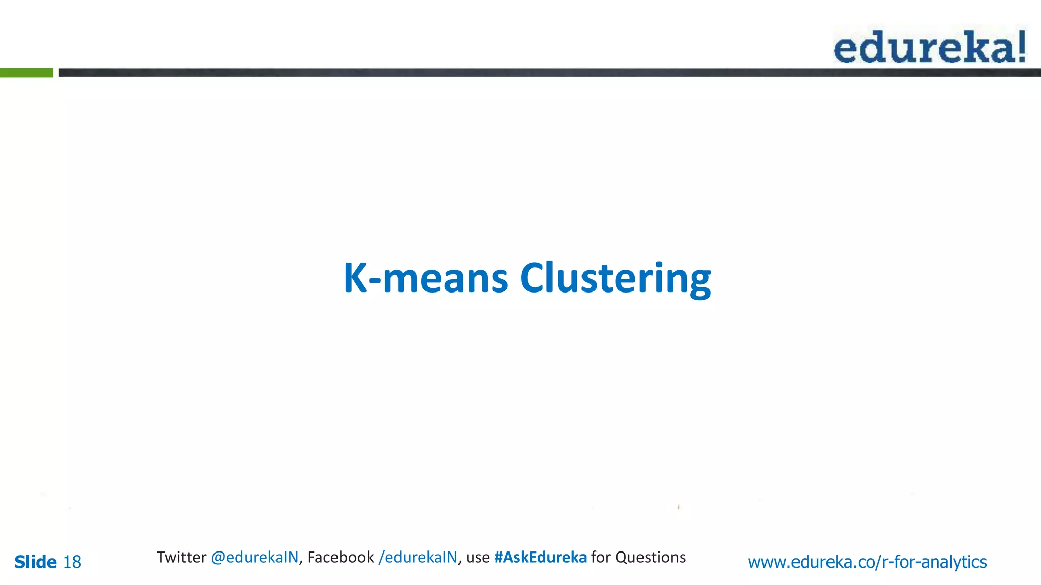 www.edureka.co/r-for-analyticsSlide 18 Twitter @edurekaIN, Facebook /edurekaIN, use #AskEdureka for Questions
K-means Clustering
 