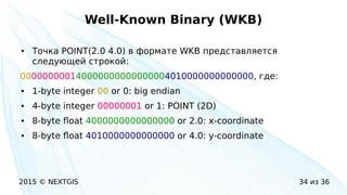 2015 © NEXTGIS 34 из 36
Well-Known Binary (WKB)
● Точка POINT(2.0 4.0) в формате WKB представляется
следующей строкой:
000000000140000000000000004010000000000000, где:
● 1-byte integer 00 or 0: big endian
● 4-byte integer 00000001 or 1: POINT (2D)
● 8-byte float 4000000000000000 or 2.0: x-coordinate
● 8-byte float 4010000000000000 or 4.0: y-coordinate
 