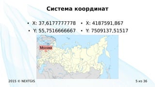 2015 © NEXTGIS 5 из 36
Система координат
● X: 37,6177777778
● Y: 55,7516666667
● X: 4187591,867
● Y: 7509137,51517
Москва
 