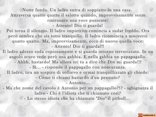 Notte fonda. Un ladro entra di soppiatto in una casa.  Attraversa quatto quatto il salotto quando, improvvisamente sente rintronare una voce possente: - Attento! Dio ti guarda! Poi torna il silenzio. Il ladro impietrito comincia a sudar freddo. Ora però sembra che sia tutto tranquillo. Il ladro ricomincia a muoversi quatto quatto. Ma, improvvisamente, ecco di nuovo quella voce: - Attento! Dio ti guarda!!! Il ladro adesso suda copiosamente e si guarda intorno terrorizzato. In un angolo scuro vede però una gabbia. E nella gabbia un papapagallo. - Ahhh, bastardo! Ma allora eri tu a dire che Dio mi guarda!!! - Sì... - risponde il pappagallo con noncuranza. Il ladro, tira un sospiro di sollievo e ormai tranquillizzato gli chiede: - Come ti chiami bastardo d'un pennuto? - Antonio... - Ma che nome del cavolo è Antonio per un pappagallo?!? - sghignazza il ladro - Chi è l'idiota che ti chiamato così? - Lo stesso idiota che ha chiamato "Dio" il pitbull...  