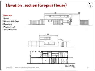 Elevation , section(Gropius House)
characters
1.Simple
2. Geometrical shape
3.Regularity
4.Asymmetrical
5.Monochromatic
https://en.wikipedia.org/wiki/Gropius_House
9/28/2021 107
 