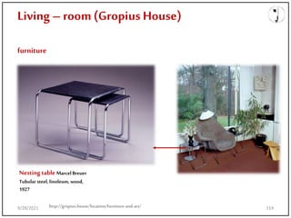 Living – room(Gropius House)
furniture
Nesting table MarcelBreuer
Tubular steel, linoleum, wood,
1927
http://gropius.house/location/furniture-and-art/
9/28/2021 114
 