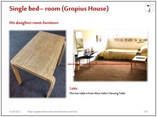 Single bed– room (Gropius House)
His daughterroom-furniture
Table
This low table is from Alvar Aalto’s Nesting Table
http://gropius.house/location/furniture-and-art/
9/28/2021 136
 