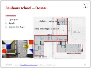 Bauhaus school – Dessau
characters
1. Openplan
2. Simple
3. Geometrical shape
Reference: https://biblus.accasoftware.com & the Bauhaus book by Gillian Naylor
9/28/2021 22
 