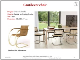 Bayer_Herbert_Gropius_Walter_Gropius_Ise_eds_Bauhaus_1919-1928.
JosefAlbers:minimal means, maximum effect
Designer : mies van der rohe
Material : Tubular steel, painted caning
Year : 1927
Dimensions : 80x 55.9x 94cm
The-Bauhaus-by-Gillian-Naylor
Cantilever chair
Cantilever chair in dining room
9/28/2021 60
 