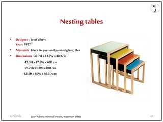 Nesting tables
• Designer : Josef albert
Year : 1927
• Materials : black lacquer and painted glass , Oak
• Dimensions : 39.7Hx 41.6Wx40Dcm
47.3Hx47.9Wx 40Dcm
55.2Hx53.3Wx40Dcm
62.5Hx 60Wx40.3Dcm
Josef Albers: minimal means, maximum effect
9/28/2021 65
 