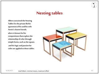 Nesting tables
Albers conceived the Nesting
Tables forthe private Berlin
apartment of his and his wife
Annie's closest friends.
alters is known forhis
compositions that explore the
relationship of color through
simple forms, such as the square.
and his logic and passion for
color are applied to these tables.
Josef Albers: minimal means, maximum effect
9/28/2021 67
 