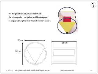 91cm
98cm
His design reflects a Bauhaus trademark:
the primarycolors red,yellow and blue assigned
toa square, triangle and circle as elementary shapes.
Bayer_Herbert_Gropius_Walter_Gropius_Ise_eds_Bauhaus_1919-192 https://www.dezeen.com/
9/28/2021 69
 
