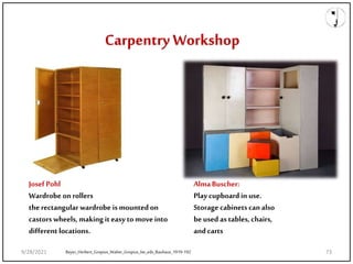 AlmaBuscher:
Playcupboardinuse.
Storagecabinetscanalso
beused astables, chairs,
andcarts
Carpentry Workshop
Josef Pohl
Wardrobe onrollers
therectangularwardrobe ismountedon
castors wheels, makingit easy tomoveinto
different locations.
Bayer_Herbert_Gropius_Walter_Gropius_Ise_eds_Bauhaus_1919-192
9/28/2021 73
 