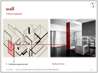 wall
Plastic wall panel
Bauhaus, Dessau
Reference;BAUHAUS|TRUTHTOMATERIALS ASACENTRALPRINCIPLE
 Worked as a partition wall
9/28/2021 80
 