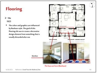 Flooring
Reference:GrandTourderModerne|Orte
 Tile
1923
 The colors and graphics are influenced
byBauhaus style.The goal of this
flooring tile was tocreate a decorative
design element from something that is
usually discarded after use
The hausamhorn (Bauhaus)
Kitchen
9/28/2021 90
 