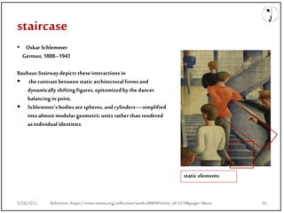 staircase
9/28/2021
• Oskar Schlemmer
German, 1888–1943
Bauhaus Stairwaydepicts these interactions in
 the contrast between static architectural forms and
dynamically shifting figures, epitomized by the dancer
balancing in point.
 Schlemmer’s bodies are spheres, and cylinders—simplified
into almost modular geometric units rather than rendered
as individual identities
Reference:https://www.moma.org/collection/works/80049?artist_id=5219&page=1&sov
static elements
9/28/2021 95
 