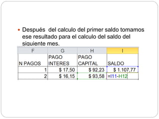  Después del calculo del primer saldo tomamos
ese resultado para el calculo del saldo del
siguiente mes.
 