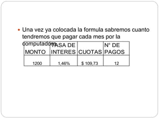  Una vez ya colocada la formula sabremos cuanto
tendremos que pagar cada mes por la
computadora.
MONTO
TASA DE
INTERES CUOTAS
N° DE
PAGOS
1200 1,46% $ 109,73 12
 