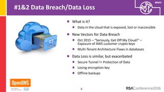 #RSAC
#1&2 Data Breach/Data Loss
What is it?
Data in the cloud that is exposed, lost or inaccessible
New Vectors for Data Breach
Oct 2015 – “Seriously, Get Off My Cloud!” –
Exposure of AWS customer crypto keys
Multi-Tenant Architecture Flaws in databases
Data Loss is similar, but exacerbated
Secure Tunnel != Protection of Data
Losing encryption key
Offline backups
6
 