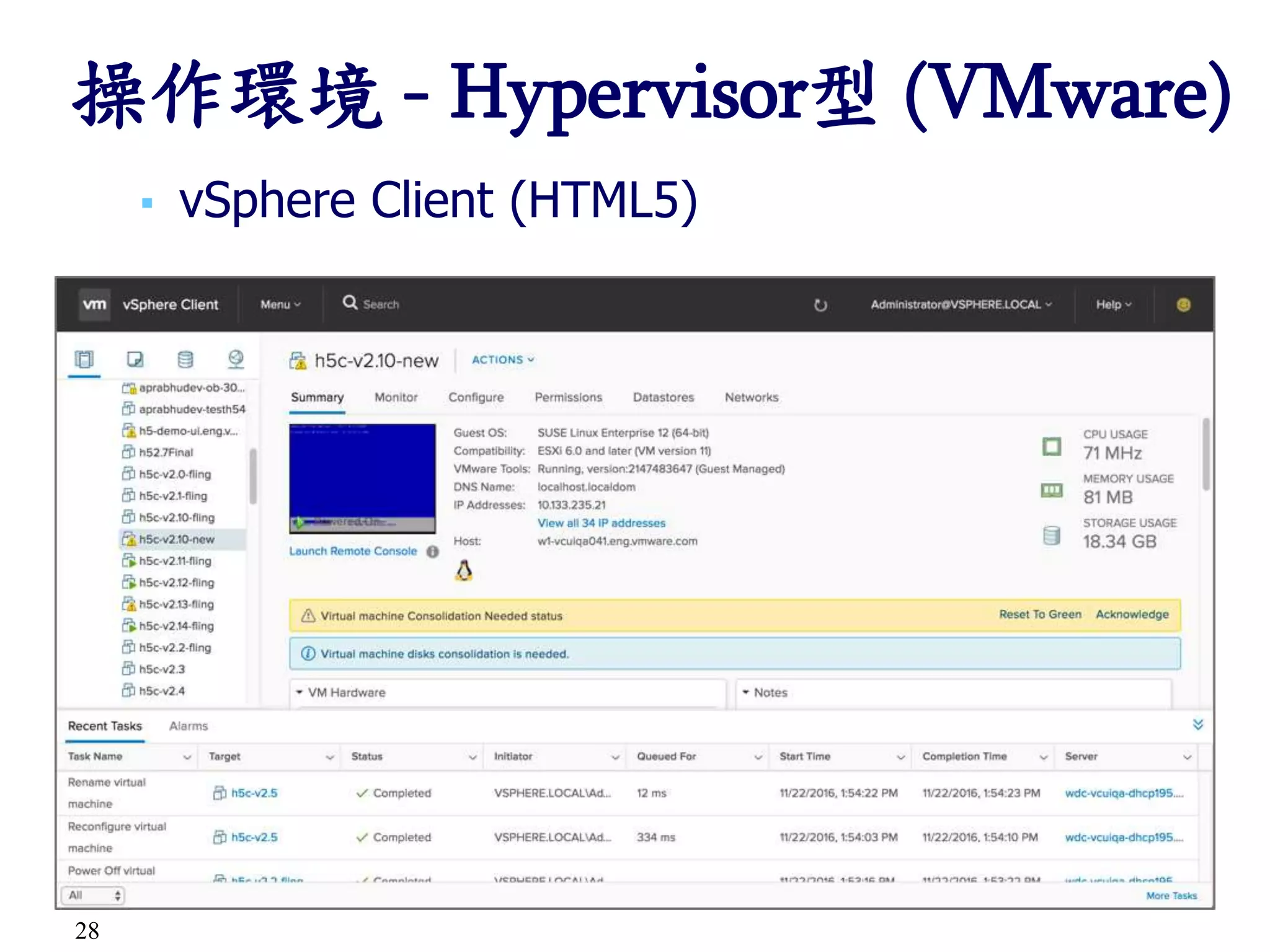 28
▪ vSphere Client (HTML5)
操作環境 - Hypervisor型 (VMware)
 
