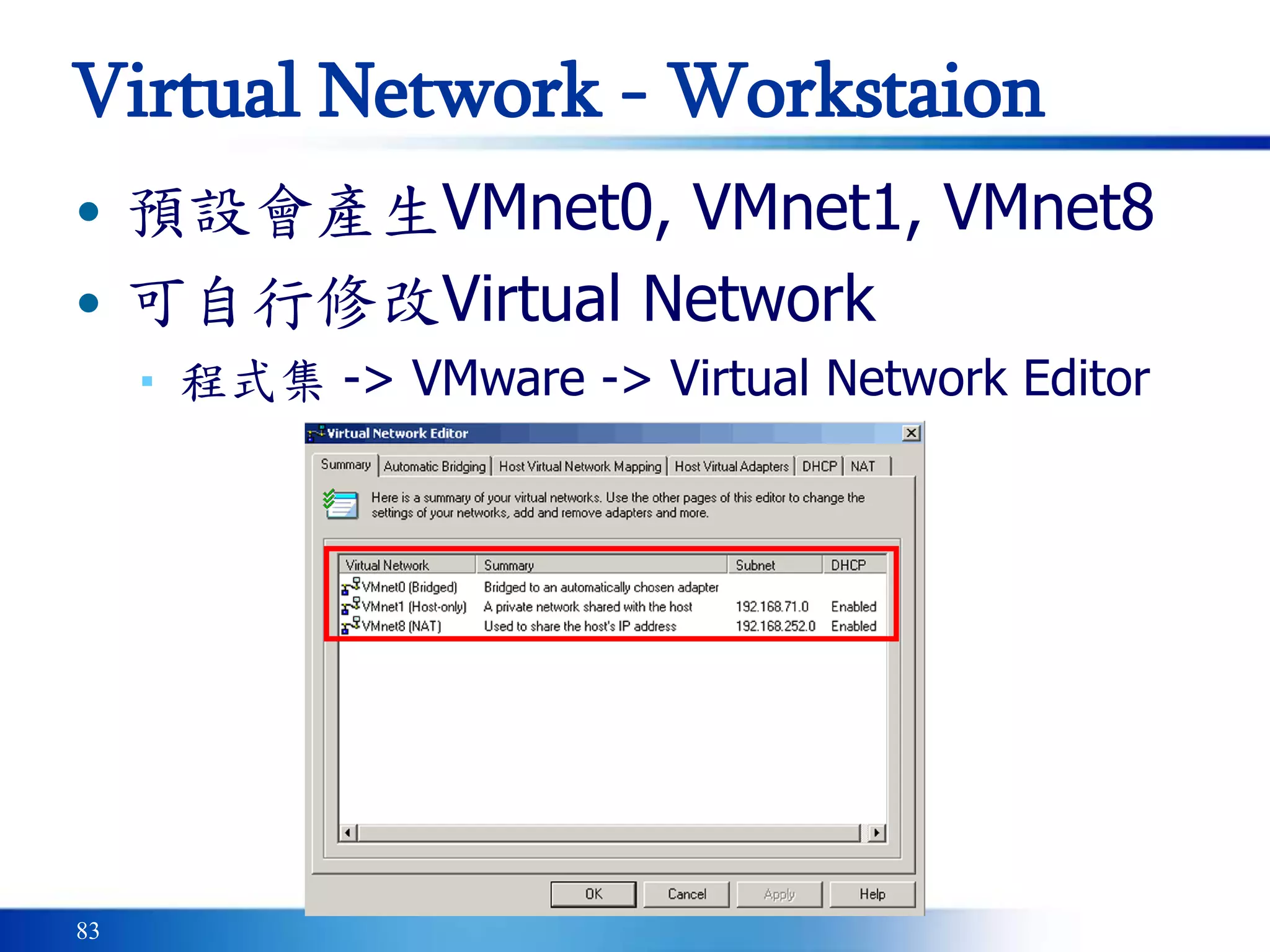 83
Virtual Network - Workstaion
• 預設會產生VMnet0, VMnet1, VMnet8
• 可自行修改Virtual Network
▪ 程式集 -> VMware -> Virtual Network Editor
 