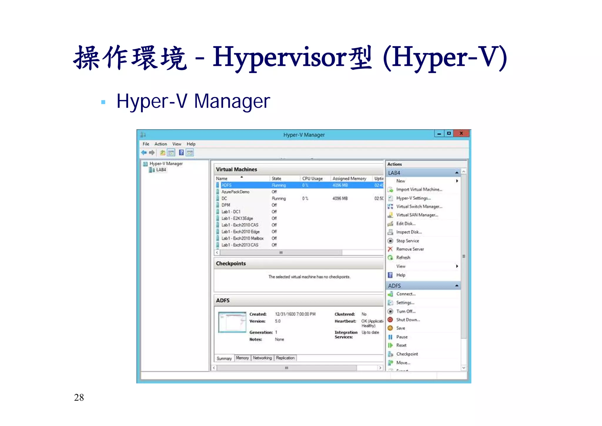 28
操作環境 - Hypervisor型 (Hyper-V)
▪ Hyper-V Manager
 