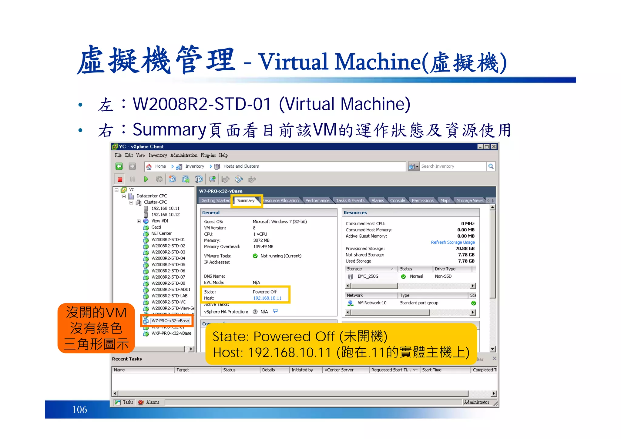 106
虛擬機管理 - Virtual Machine(虛擬機)
• 左：W2008R2-STD-01 (Virtual Machine)
• 右：Summary頁面看目前該VM的運作狀態及資源使用
State: Powered Off (未開機)
Host: 192.168.10.11 (跑在.11的實體主機上)
沒開的VM
沒有綠色
三角形圖示
 