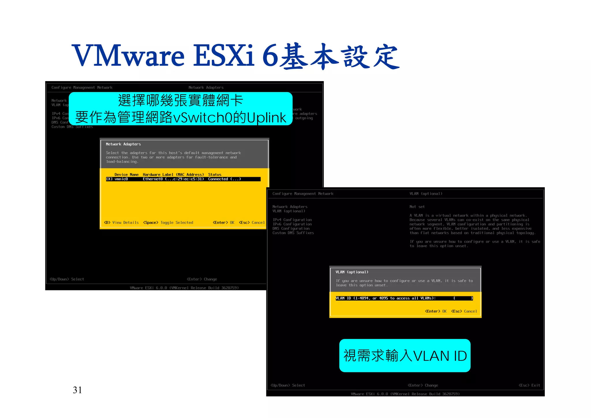 31
VMware ESXi 6基本設定
選擇哪幾張實體網卡
要作為管理網路vSwitch0的Uplink
視需求輸入VLAN ID
 