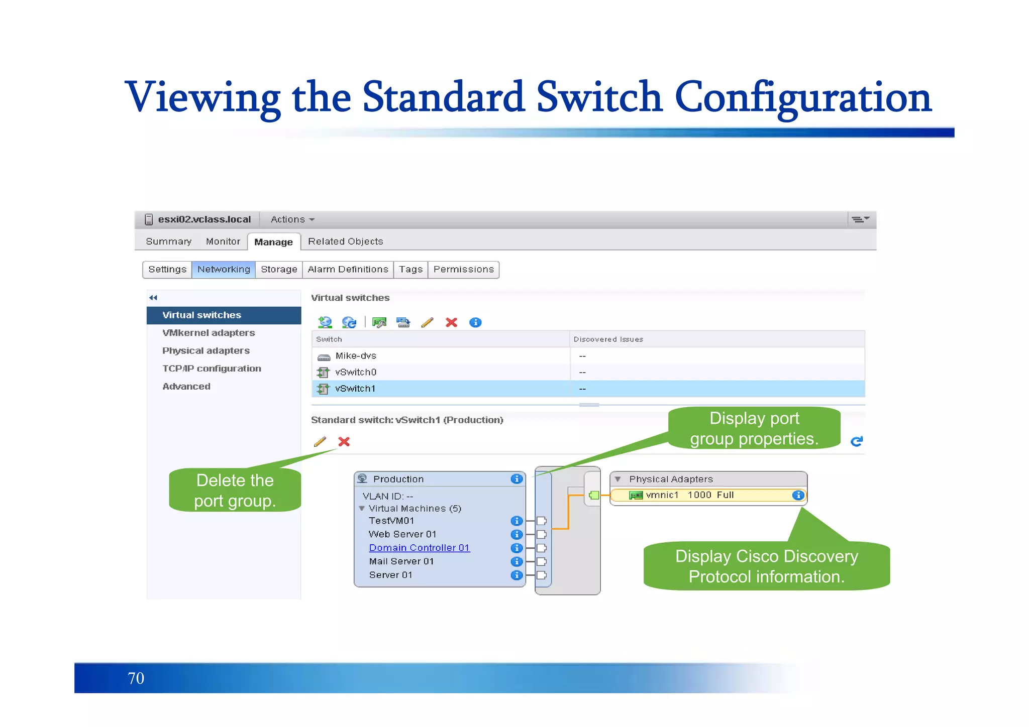 70
Viewing the Standard Switch Configuration
Delete the
port group.
Display Cisco Discovery
Protocol information.
Display port
group properties.
 