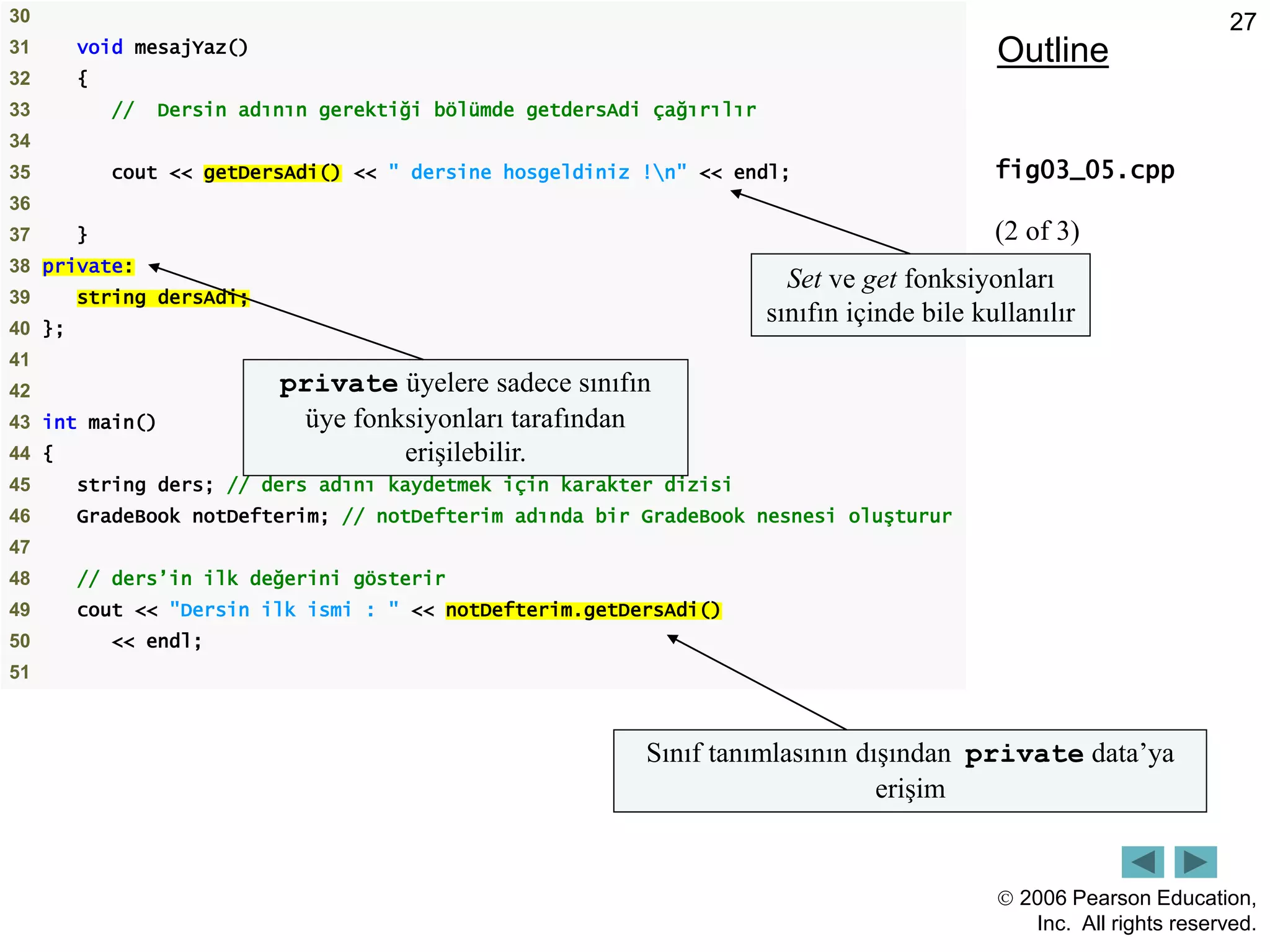  2006 Pearson Education,
Inc. All rights reserved.
27
Outline
fig03_05.cpp
(2 of 3)
30
31 void mesajYaz()
32 {
33 // Dersin adının gerektiği bölümde getdersAdi çağırılır
34
35 cout << getDersAdi() << " dersine hosgeldiniz !n" << endl;
36
37 }
38 private:
39 string dersAdi;
40 };
41
42
43 int main()
44 {
45 string ders; // ders adını kaydetmek için karakter dizisi
46 GradeBook notDefterim; // notDefterim adında bir GradeBook nesnesi oluşturur
47
48 // ders’in ilk değerini gösterir
49 cout << "Dersin ilk ismi : " << notDefterim.getDersAdi()
50 << endl;
51
Set ve get fonksiyonları
sınıfın içinde bile kullanılır
Sınıf tanımlasının dışından private data’ya
erişim
private üyelere sadece sınıfın
üye fonksiyonları tarafından
erişilebilir.
 