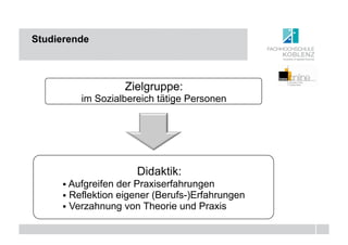 Studierende



                   Zielgruppe:
         im Sozialbereich tätige Personen




                      Didaktik:
     ! Aufgreifen der Praxiserfahrungen
     !  Reflektion eigener (Berufs-)Erfahrungen
     !  Verzahnung von Theorie und Praxis
 