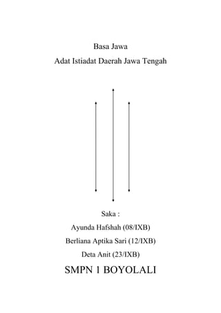 Basa Jawa
Adat Istiadat Daerah Jawa Tengah

Saka :
Ayunda Hafshah (08/IXB)
Berliana Aptika Sari (12/IXB)
Deta Anit (23/IXB)

SMPN 1 BOYOLALI

 