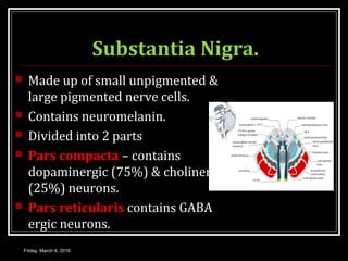 Substantia Nigra.
 Made up of small unpigmented &
large pigmented nerve cells.
 Contains neuromelanin.
 Divided into 2 parts
 Pars compacta – contains
dopaminergic (75%) & cholinergic
(25%) neurons.
 Pars reticularis contains GABA
ergic neurons.
Friday, March 4, 2016
 