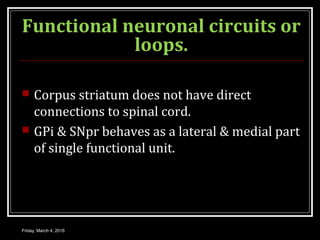 Functional neuronal circuits or
loops.
 Corpus striatum does not have direct
connections to spinal cord.
 GPi & SNpr behaves as a lateral & medial part
of single functional unit.
Friday, March 4, 2016
 