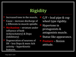 Rigidity
 Increased tone in the muscle.
 Cause – increase discharge of
γ Efferents to muscle spindle.
 Mechanism – striatum under
influence of both
Ach(excitatory) & Dopa
(Inhibitory)
 Degeneration of neurons of
SN – less Dopa & more Ach
activity – hyperkinetic
features.
 C/F – lead pipe & cog-
wheel type rigidity.
 Hypertone in
protagonists &
antagonists muscle.
 Statue like appearance.
 Posture – flexion
attitude.
Friday, March 4, 2016
 
