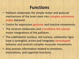 Functions
• Pallidum eloborates the simple motor and postural
mechanisms of the brain stem into complex autonomic
motor behavior.
• Centre for expression gestures and reactive movements.
• The striatum eloborates and smoothens the coarser
motor integrations of the pallidum.
• The subthalamic nucleus, red nucleus, substantia nigra
have a synergistic action and integrates stereotyped
behavior and controls complex muscular movements.
• Also process information related to emotions,
motivations, and cognitive functions.
 