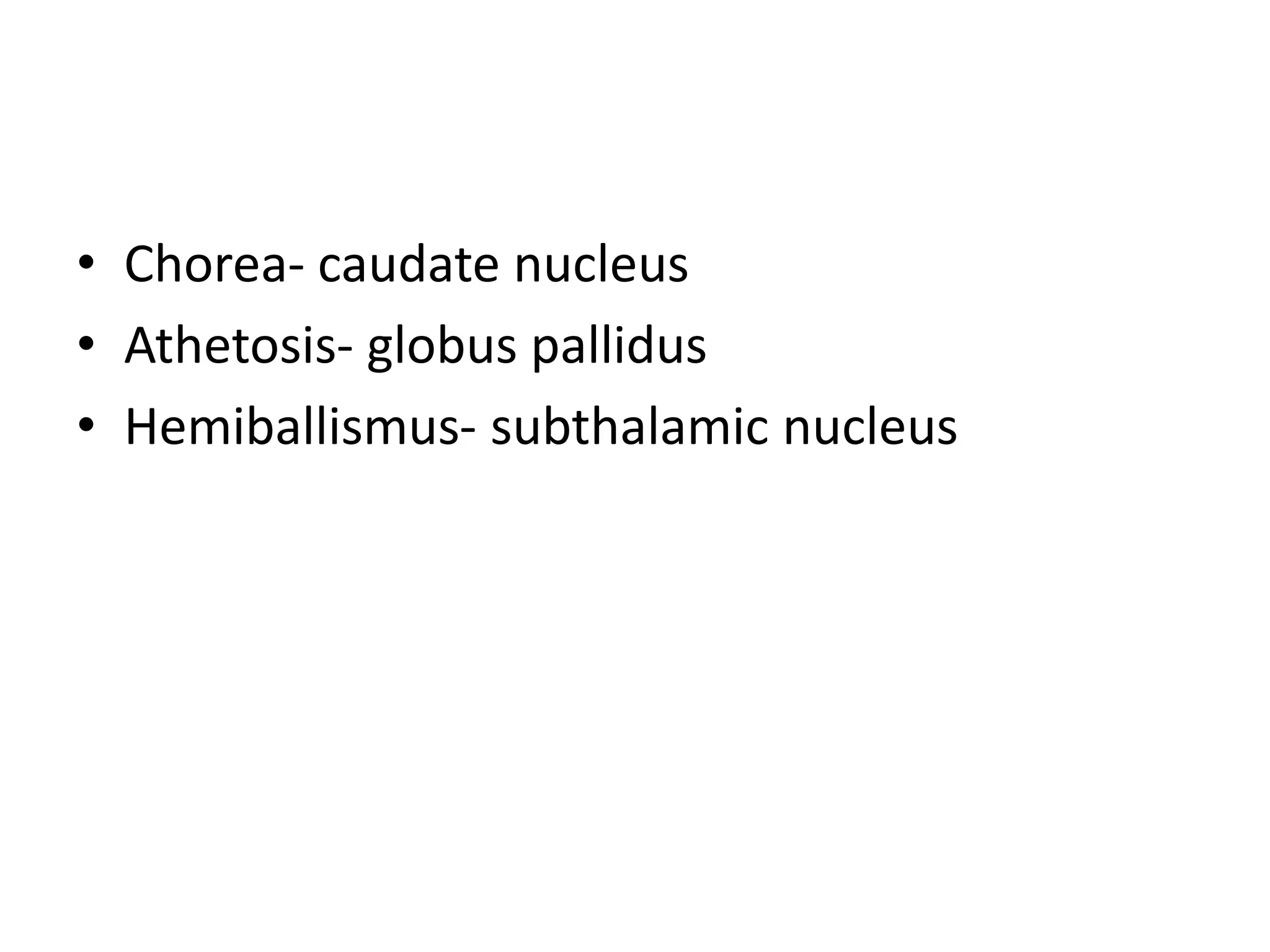 • Chorea- caudate nucleus
• Athetosis- globus pallidus
• Hemiballismus- subthalamic nucleus
 