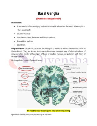 Ojvensha E learning Resources-Prepared by Dr.B.B.Gosai
Basal Ganglia
(Short note/long question)
Introduction:
 It is a number of nuclear (grey matter) masses which lie within the cerebral hemisphere.
They consists of :
 Caudate nucleus
 Lentiform nucleus : Putamen and Globus pallidus
 Amygdaloid nucleus
 Claustrum.
Corpus striatum: Caudate nucleus and putamen part of lentiform nucleus form corpus striatum
(Neostriatum) (They are known as corpus striatum due to appearance of alternating band of
grey and white matter at fused part of head of caudate nucleus and putamen with fibers of
internal capsule).
Globus pallidus in part of paleostriatum.
(No need to draw this diagram- only for understanding)
 