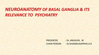 NEUROANATOMY OF BASAL GANGLIA & ITS
RELEVANCE TO PSYCHIATRY
PRESENTER : Dr. ANUSUYA . M
CHAIR PERSON : Dr.SHANMUGAPRIYA.A.R
 