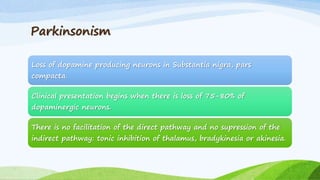 Parkinsonism
Loss of dopamine producing neurons in Substantia nigra, pars
compacta.
Clinical presentation begins when there is loss of 75-80% of
dopaminergic neurons.
There is no facilitation of the direct pathway and no supression of the
indirect pathway: tonic inhibition of thalamus, bradykinesia or akinesia.
 