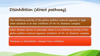 Disinhibition (direct pathway)
The inhibitory activity of the globus pallidus internal segment is high
when striatum is at rest: inhibition of VA-VL thalamic complex.
When striatal neuron is activated, there is no inhibitory activity of the
globus pallidus internal segment: excitation of VA-VL thalamic complex.
Thalamus is disinhibited: released from inhibition.
 