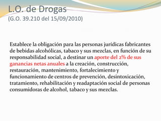 L.O. de Drogas
(G.O. 39.210 del 15/09/2010)



Establece la obligación para las personas jurídicas fabricantes
de bebidas ...