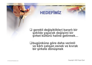gerekli değişiklikleri kararlı bir
şekilde yaparak değişimi bir
şirket kültürü haline getirmek…

bugünküne göre daha verimli
ve kârlı çalışan esnek ve kıvrak
bir şirkete dönüşmek


                          Copyright: 2009 Turgut Ziyal
 