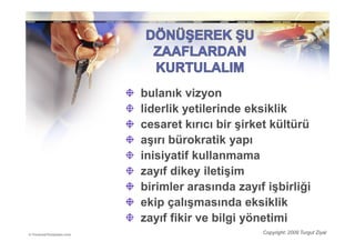 bulanık vizyon
liderlik yetilerinde eksiklik
cesaret kırıcı bir şirket kültürü
aşırı bürokratik yapı
inisiyatif kullanmama
zayıf dikey iletişim
birimler arasında zayıf işbirliği
ekip çalışmasında eksiklik
zayıf fikir ve bilgi yönetimi
                       Copyright: 2009 Turgut Ziyal
 