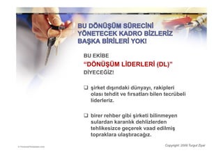 BU EKĐBE
“DÖNÜŞÜM LĐDERLERĐ (DL)”
DĐYECEĞĐZ!

  şirket dışındaki dünyayı, rakipleri
  olası tehdit ve fırsatları bilen tecrübeli
  liderleriz.

  birer rehber gibi şirketi bilinmeyen
  sulardan karanlık dehlizlerden
  tehlikesizce geçerek vaad edilmiş
  topraklara ulaştıracağız.
                                  Copyright: 2009 Turgut Ziyal
 