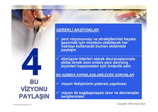 GEREKLĐ AKSĐYONLAR

  yeni vizyonunuzu ve stratejilerinizi hayata
  geçirmek için mümkün olabilecek her
  vasıtayı kullanarak bunları ekibinizle
  paylaşın

  dönüşüm liderleri olarak davranışlarınızla
  ekibe örnek olun onlara yeni davranış
  biçimleri kazanmaları için önderlik edin

BU ADIMDA KARŞILAŞILABĐLECEK SORUNLAR

  vizyon iletişiminin yetersiz yapılması

  vizyon ile bağdaşmayan tavır ve davranışlar
  sergilenmesi
                                  Copyright: 2009 Turgut Ziyal
 