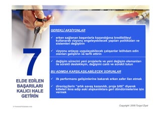 GEREKLĐ AKSĐYONLAR

  erken sağlanan başarılarla kazandığınız kredibiliteyi
  kullanarak vizyonu engeleyebilecek yapıları politikaları ve
  sistemleri değiştirin

  vizyonu anlayıp uygulayabilecek çalışanlar istihdam edin
  olanları geliştirin ve terfii ettirin

  değişim sürecini yeni projelerle ve yeni değişim elemanları
  ile sürekli destekleyin, değişimi canlı ve sürekli tutun

BU ADIMDA KARŞILAŞILABĐLECEK SORUNLAR

  ilk performans gelişimlerine bakarak erken zafer ilan etmek

  direnişçilerin “artık savaş kazanıldı, proje bitti” diyerek
  kitleleri ikna edip eski alışkanlıklara geri döndürmelerine izin
  vermek



                                               Copyright: 2009 Turgut Ziyal
 