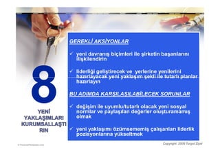 GEREKLĐ AKSĐYONLAR

  yeni davranış biçimleri ile şirketin başarılarını
  ilişkilendirin

  liderliği geliştirecek ve yerlerine yenilerini
  hazırlayacak yeni yaklaşım şekli ile tutarlı planlar
  hazırlayın

BU ADIMDA KARŞILAŞILABĐLECEK SORUNLAR

  değişim ile uyumlu/tutarlı olacak yeni sosyal
  normlar ve paylaşılan değerler oluşturamamış
  olmak

  yeni yaklaşımı özümsememiş çalışanları liderlik
  pozisyonlarına yükseltmek
                                       Copyright: 2009 Turgut Ziyal
 