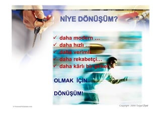daha modern …
 daha hızlı ….
 daha verimli…
 daha rekabetçi…
 daha kârlı bir şirket…

OLMAK ĐÇĐN…

DÖNÜŞÜM!

                          Copyright: 2009 Turgut Ziyal
 