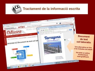 Document
de text
col·laboratiu
Una alternativa on line
a les trobades de treball.
Ha estat un esforç
d’enteniment
molt gratificant.
 