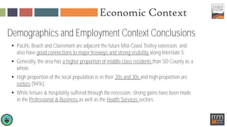 Economic Context
 Pacific Beach and Clairemont are adjacent the future Mid-Coast Trolley extension, and
also have good connections to major freeways and strong visibility along Interstate 5.
 Generally, the area has a higher proportion of middle class residents than SD County as a
whole.
 High proportion of the local population is in their 20s and 30s and high proportion are
renters (94%).
 While leisure & hospitality suffered through the recession, strong gains have been made
in the Professional & Business as well as the Health Services sectors.
Demographics and Employment Context Conclusions
 